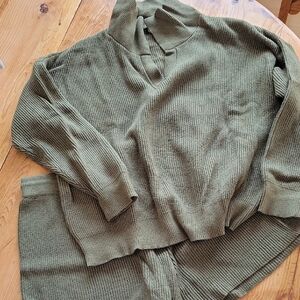 Olive Green Knit Sweater and Shorts Set